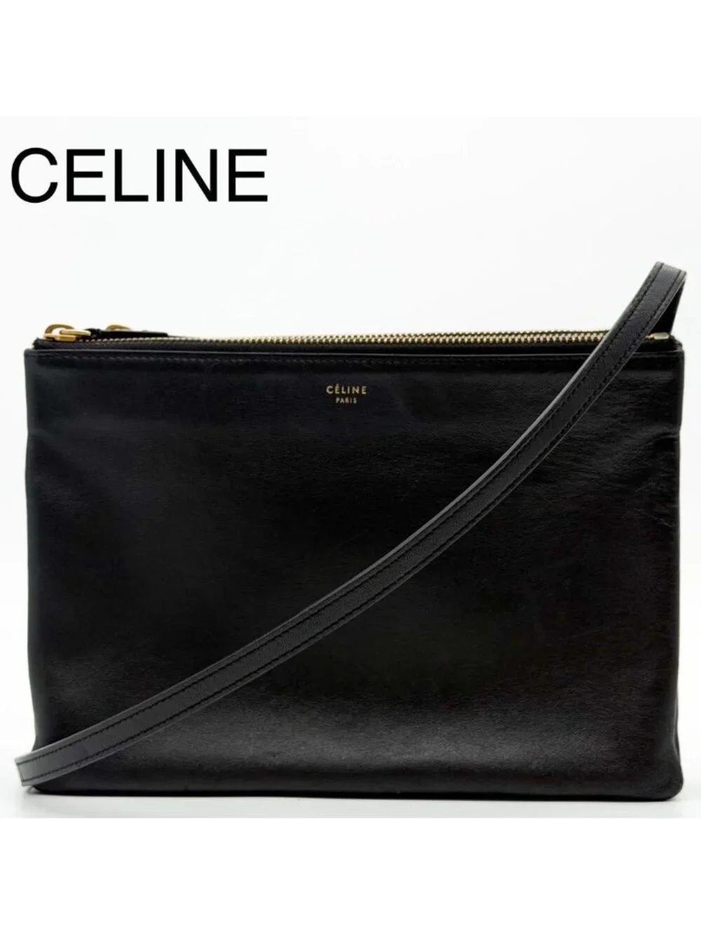 Celine Trio Large Shoulder Bag Black Leather Clutch
